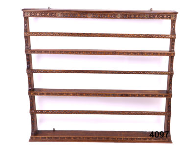 Vintage 3 Shelf plate rack with intricate carved design and graduated shelving. Wall mounted. Shelf depths Top 96mm, Middle 101mm, Bottom 165mm Main photo showing entire shelf from the front
