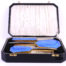 Vintage cased vanity set consisting of cobalt blue backed enamelled hair brush, mirror and clothes brush.  Enamel in excellent condition throughout. Hair brush measures 240mm long x 80mm Mirror measures 280mm x 120mm Clothes brush measures 143mm x 32mm Main photo of the whole vanity set in place in the case