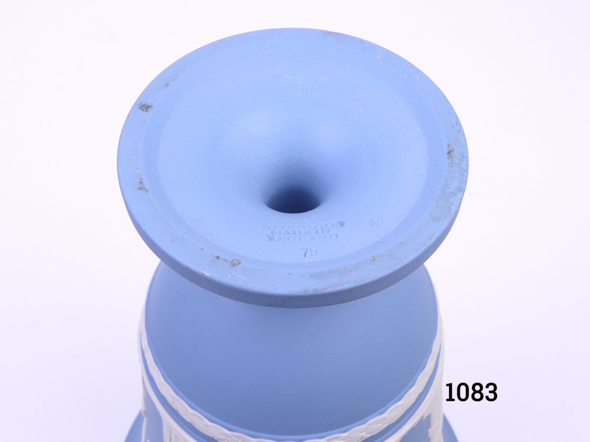 Vintage Wedgwood Jasperware vase in the classic light blue c1975 Measures 76mm in diameter at base and 130mm in diameter across the top Photo of vase base