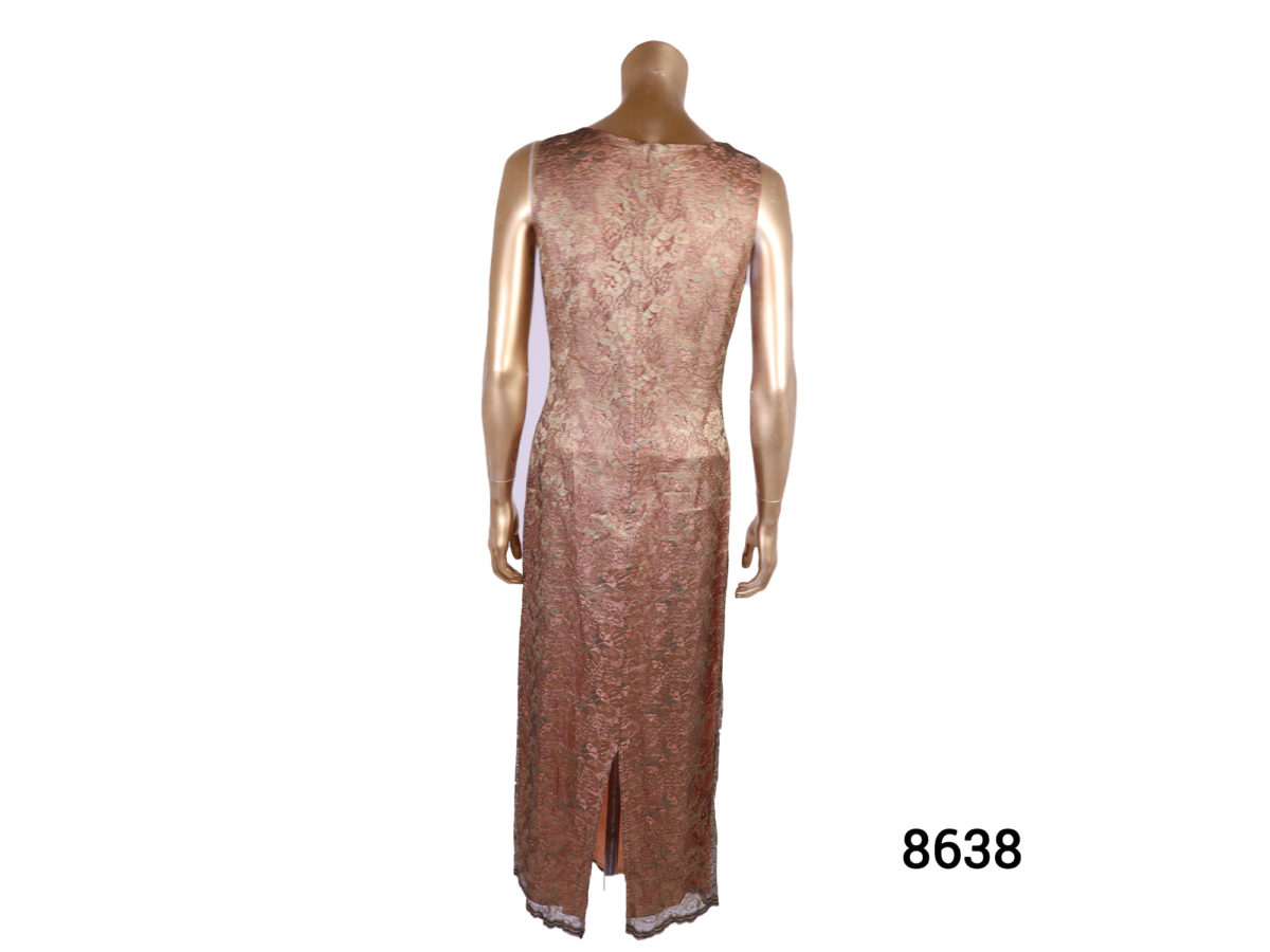 Vintage lace Valentino dress Long sleeveless dress with copper gold lace over pink copper lining Size 10 Photo of back of dress