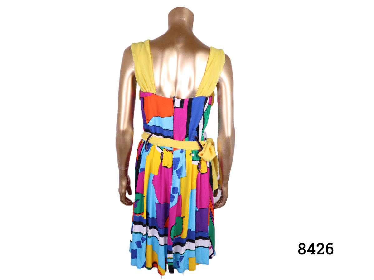 Vintage French multi-coloured dress with in a Mondrian style with block colours and yellow (chiffon?) accent on shoulders, neck & waist c1970s Made in Paris Size 10-12 Photo of back view of dress