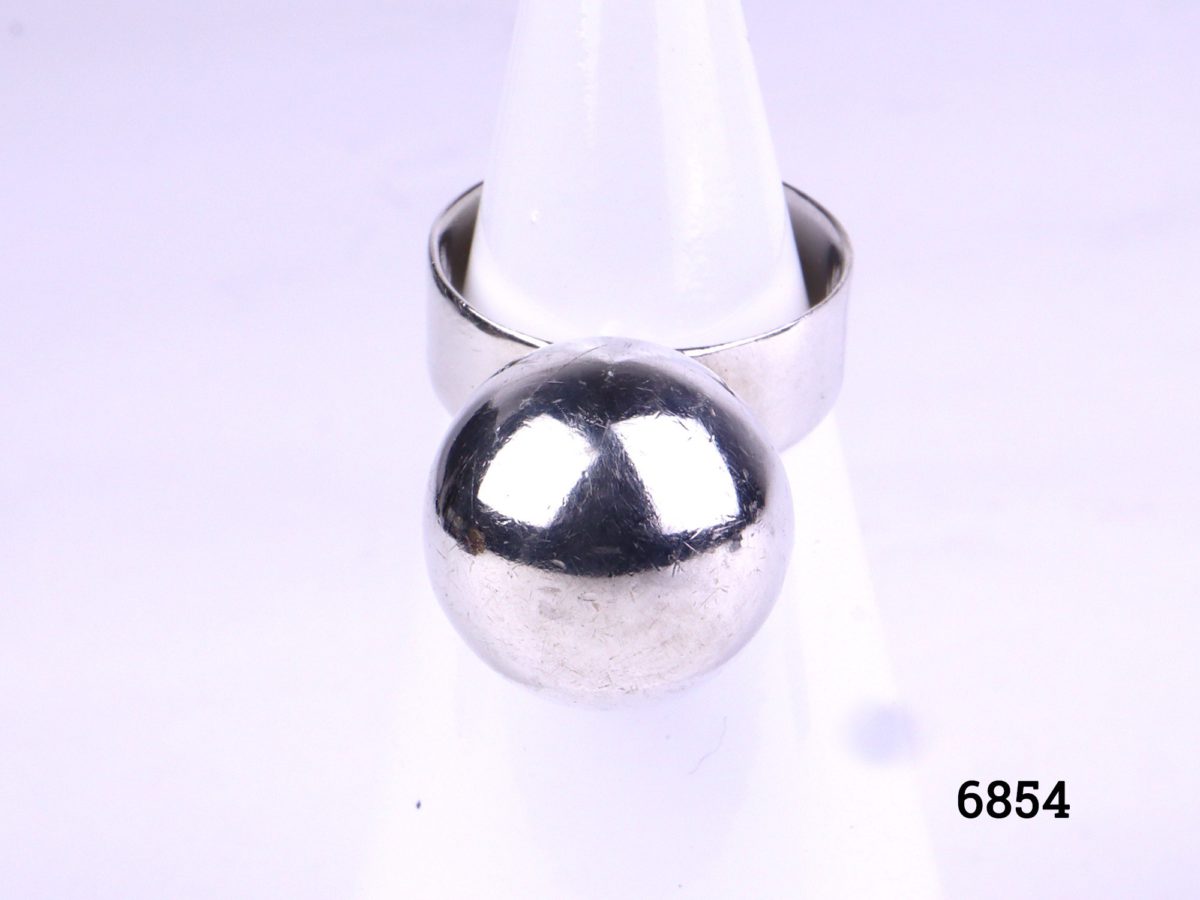 Front view of Modernist sterling silver ring with large silver ball from Antiques of Kingston