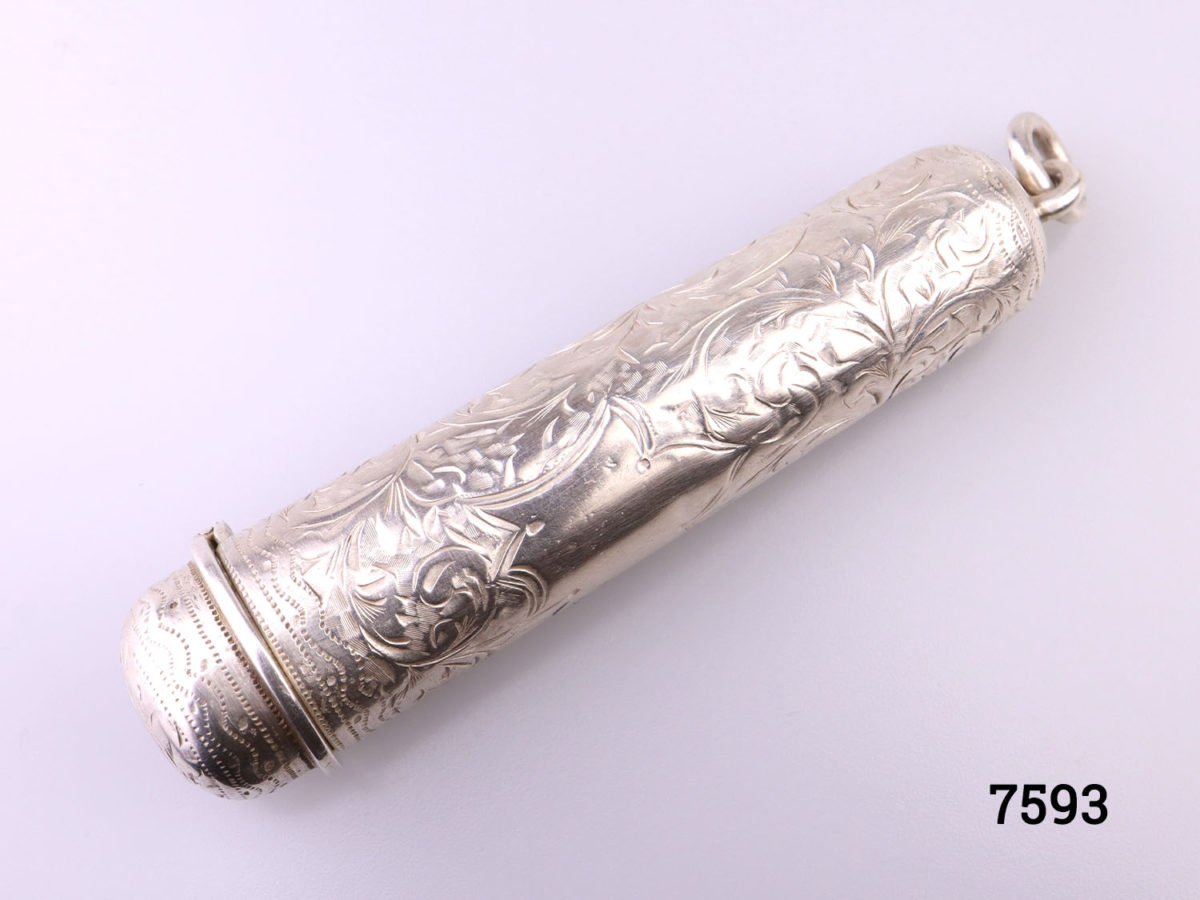 Antique Victorian sterling silver cheroot case with vacant cartouche for personalisation set in intricate scrollwork Hallmarked WN with a lion passant inside the lid (Currently housing small pencils) Main photo of whole cheroot with part of the cartouche showing