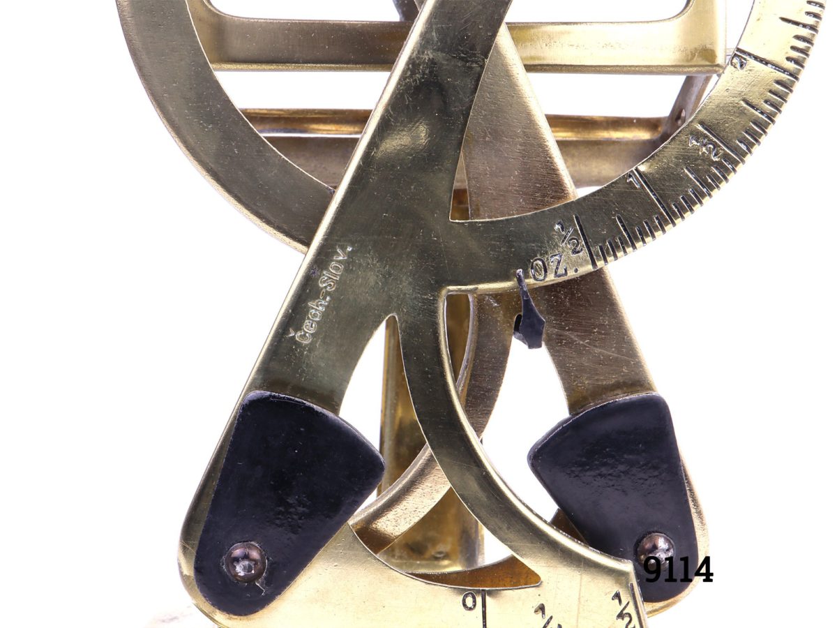 Vintage brass letter scales.Czechoslovakian made vintage brass letter scales in an Art Deco style. In good working order. Close up showing the Cech.Slov mark on part of the mechanism