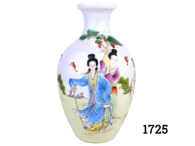 A vintage bulbous thin necked Chinese vase decorated with hand-painted Oriental ladies in traditional dress tending a garden. Measures 55mm in diameter at base and 50mm at opening at top. Main photo showing entire vase with Oriental ladies to the foreground
