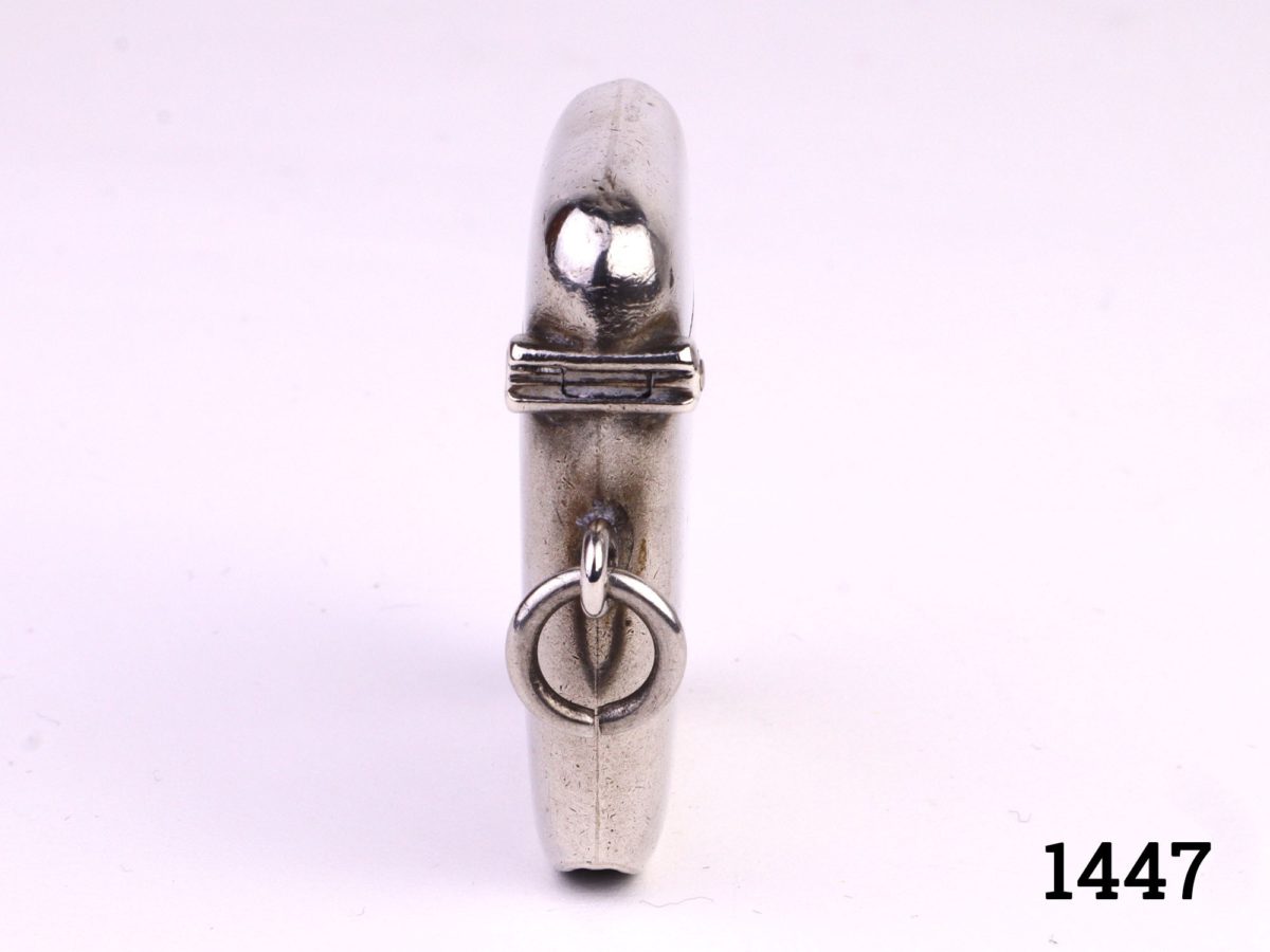 c1919 George V Birmingham assayed sterling silver vesta case. Fully hallmarked and made by Joseph Gloster Ltd. Photo of the hinge and ring where it would be attached to an Albert chain
