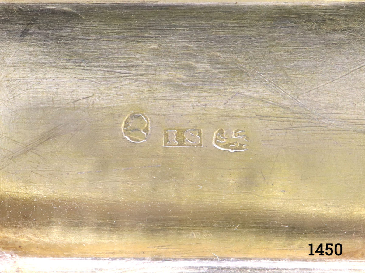 c1810 George III solid sterling silver vinaigrette with gilt interior. Birmingham assayed by John Shaw (1803-1825) Close up photo of hallmark on the inside lid