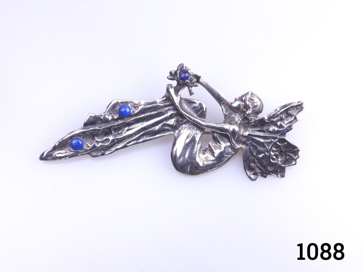 Art Nouveau style sterling silver fairy brooch with lapis lazuli beads. Hallmarked 925 for sterling silver and probable Continental silver markings. Photo of brooch front from a different angle