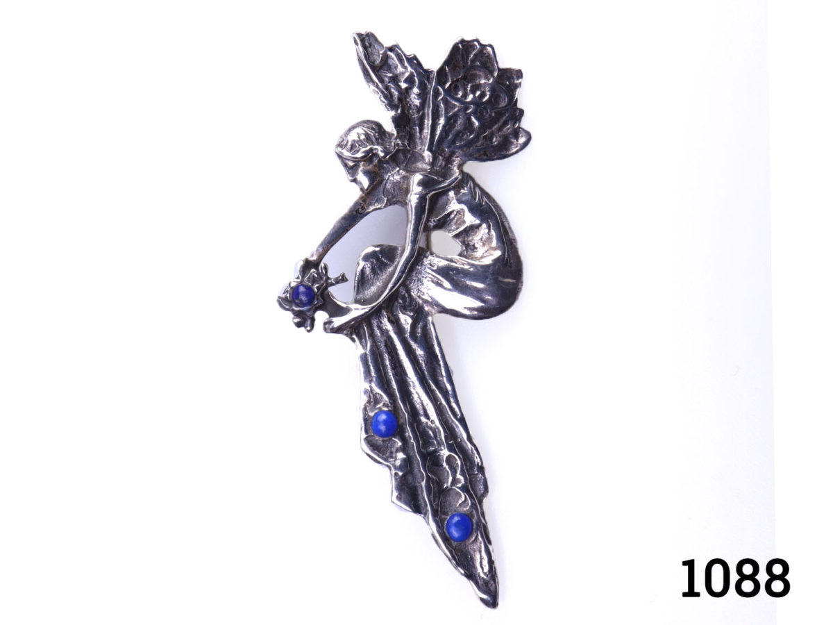 Art Nouveau style sterling silver fairy brooch with lapis lazuli beads. Hallmarked 925 for sterling silver and probable Continental silver markings. Main photo of brooch front & right way up
