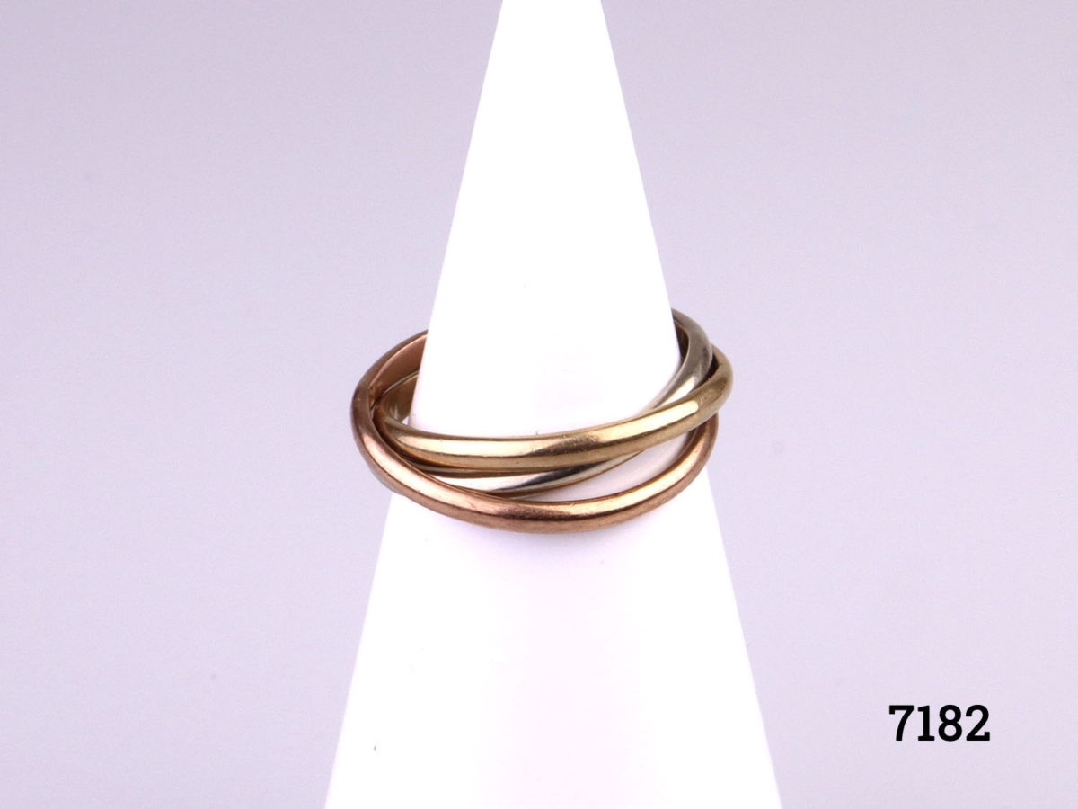 Vintage Russian 9 karat gold ring in white, yellow and rose gold. Full hallmark on rose gold band and 375 hallmark on the white & yellow. Size K / 5 Main photo of ring displayed on a stand