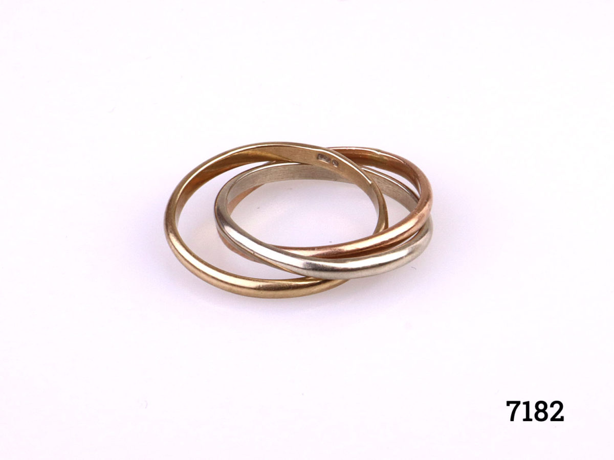Vintage Russian 9 karat gold ring in white, yellow and rose gold. Full hallmark on rose gold band and 375 hallmark on the white & yellow. Size K / 5 Photo of ring on a flat surface