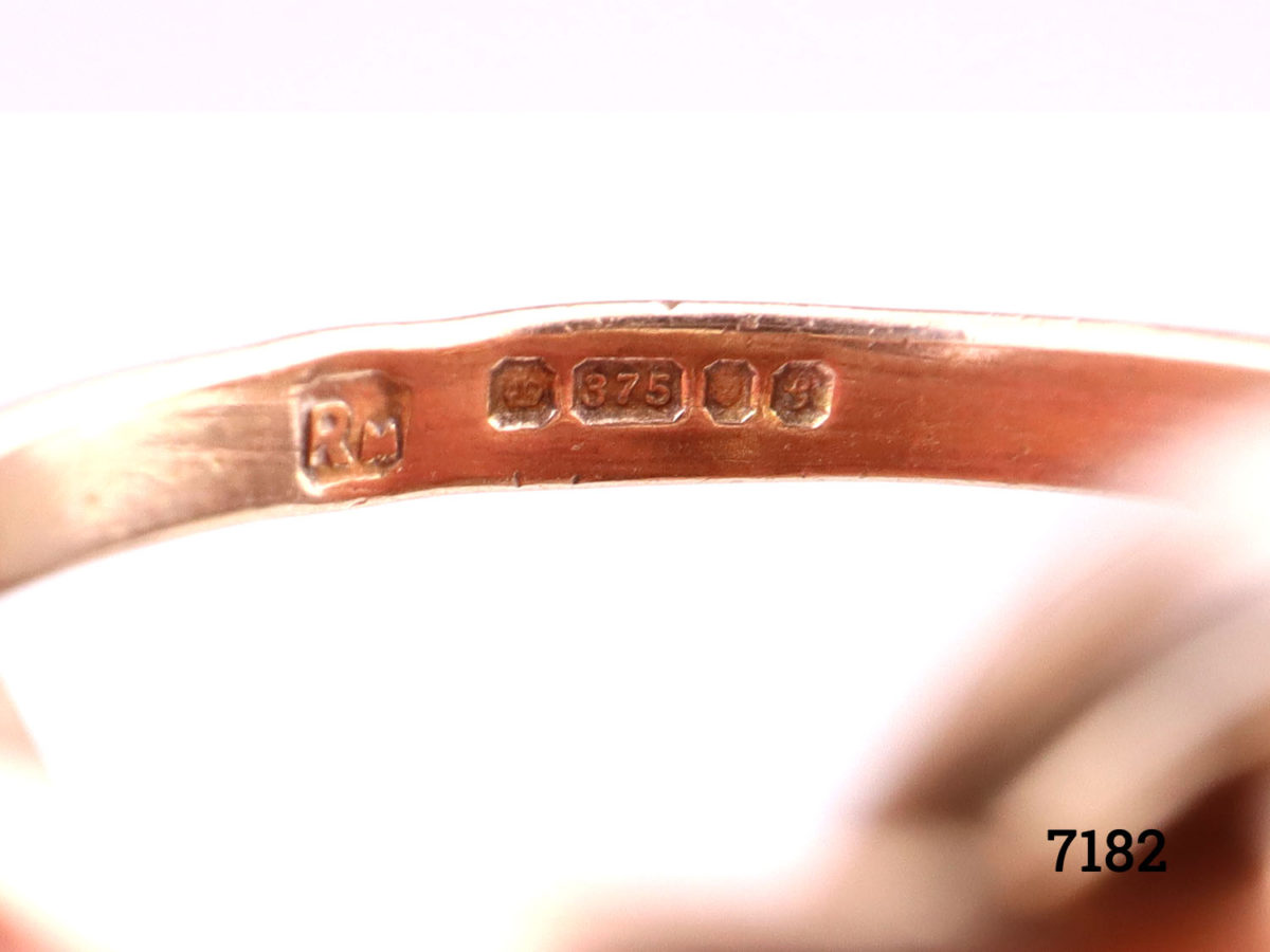 Vintage Russian 9 karat gold ring in white, yellow and rose gold. Full hallmark on rose gold band and 375 hallmark on the white & yellow. Size K / 5 Close up photo of full hallmark on rose gold band