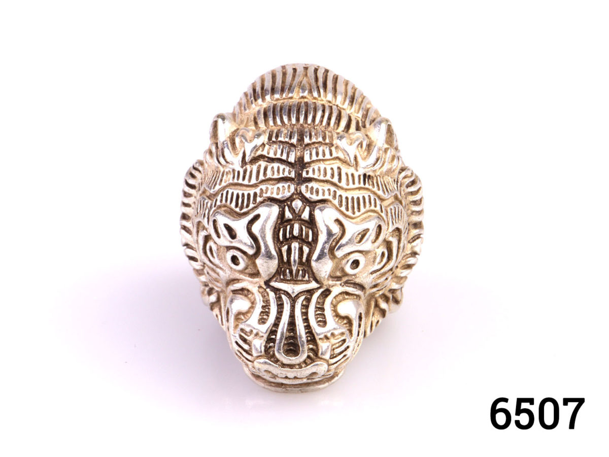Vintage South East China tiger ring Hallmarked WenYin (High grade silver) Ring front measures 35mm by 30mm Size T / 9.5 Main photo showing front of tigers head