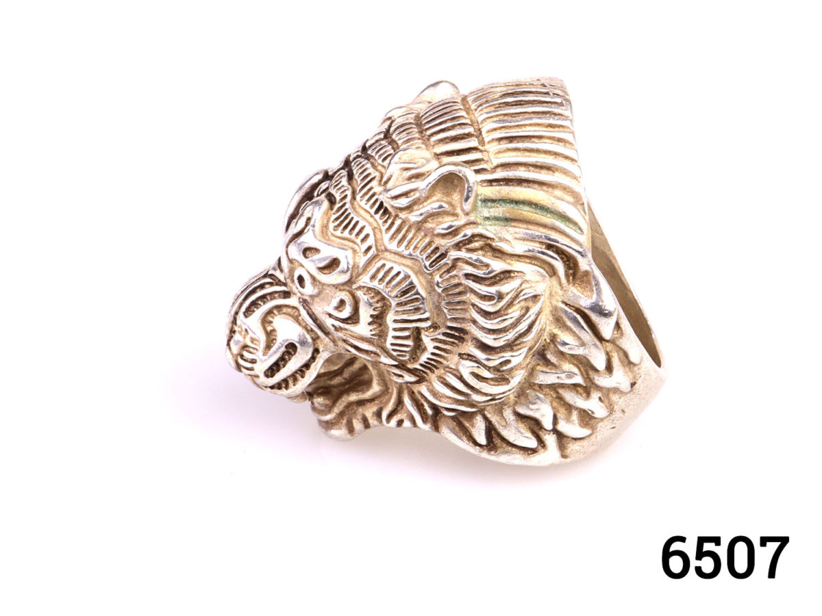 Vintage South East China tiger ring Hallmarked WenYin (High grade silver) Ring front measures 35mm by 30mm Size T / 9.5 Side view photo of ring
