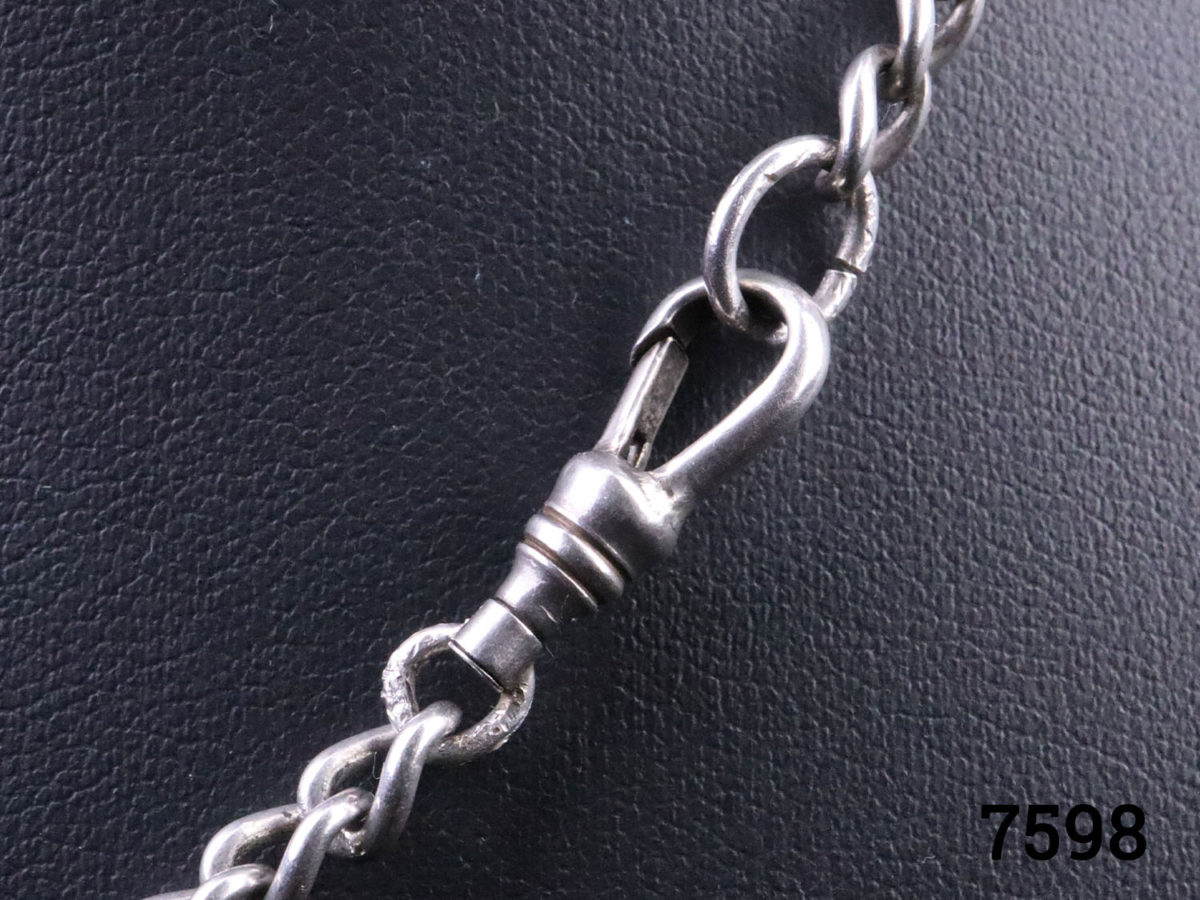 c1886 Victorian heavy solid sterling silver Albert fob watch chain. Lion passant hallmark on each link and on the T-bar Close up photo of the clasp