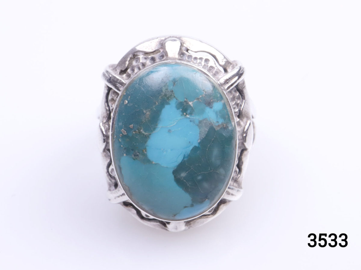 Vintage 1970s two tone turquoise stone ring. (Possibly Blue Ridge) Stone measures 18mm by 12mm. Ring size L / 5.75 Close up photo of the ring front