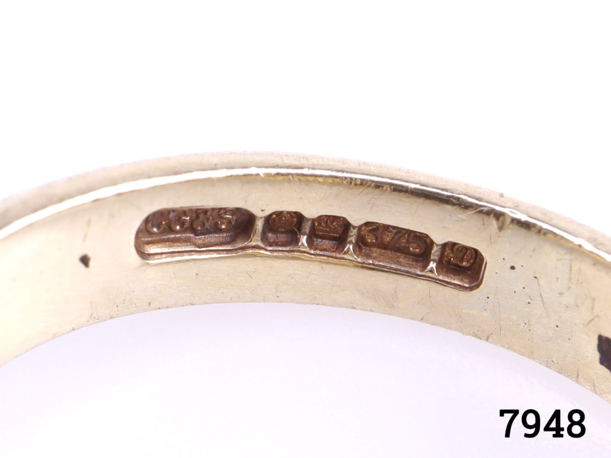 c1978 Sheffield assayed 9karat gold and onyx signet ring. Fully hallmarked. Size Q / 8 Close up photo of the full hallmark