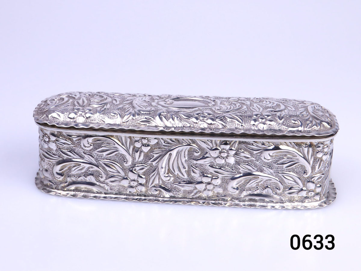 Antique embossed sterling silver oblong box with foliage design throughout. c1895 Birmingham assay hallmarks Main photo of box with lid closed looking from the front