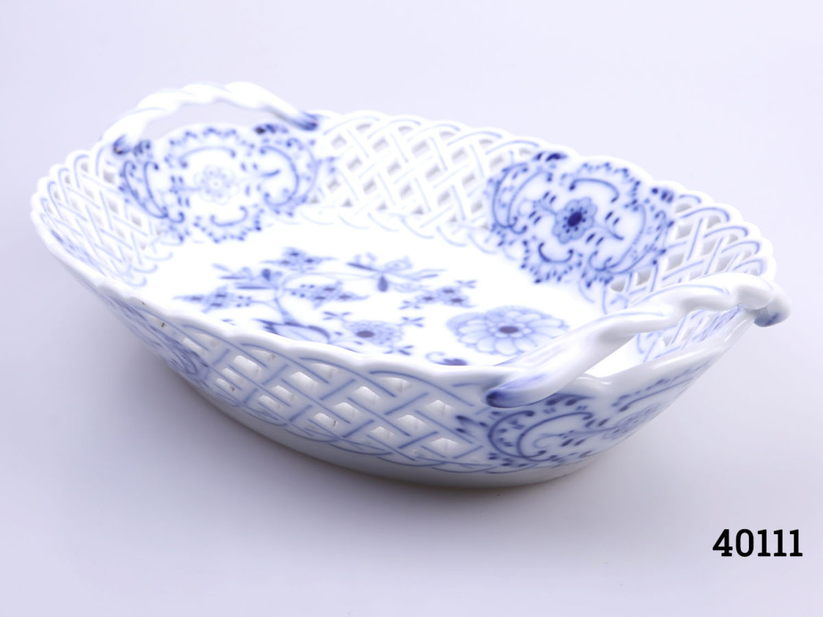 c20th Century blue & white Meissen basket dish by Carl Teichert c1882-1929 Measures 160mm long at base by 105mm wide Photo of dish on flat surface seen from a near eye level angle showing depth
