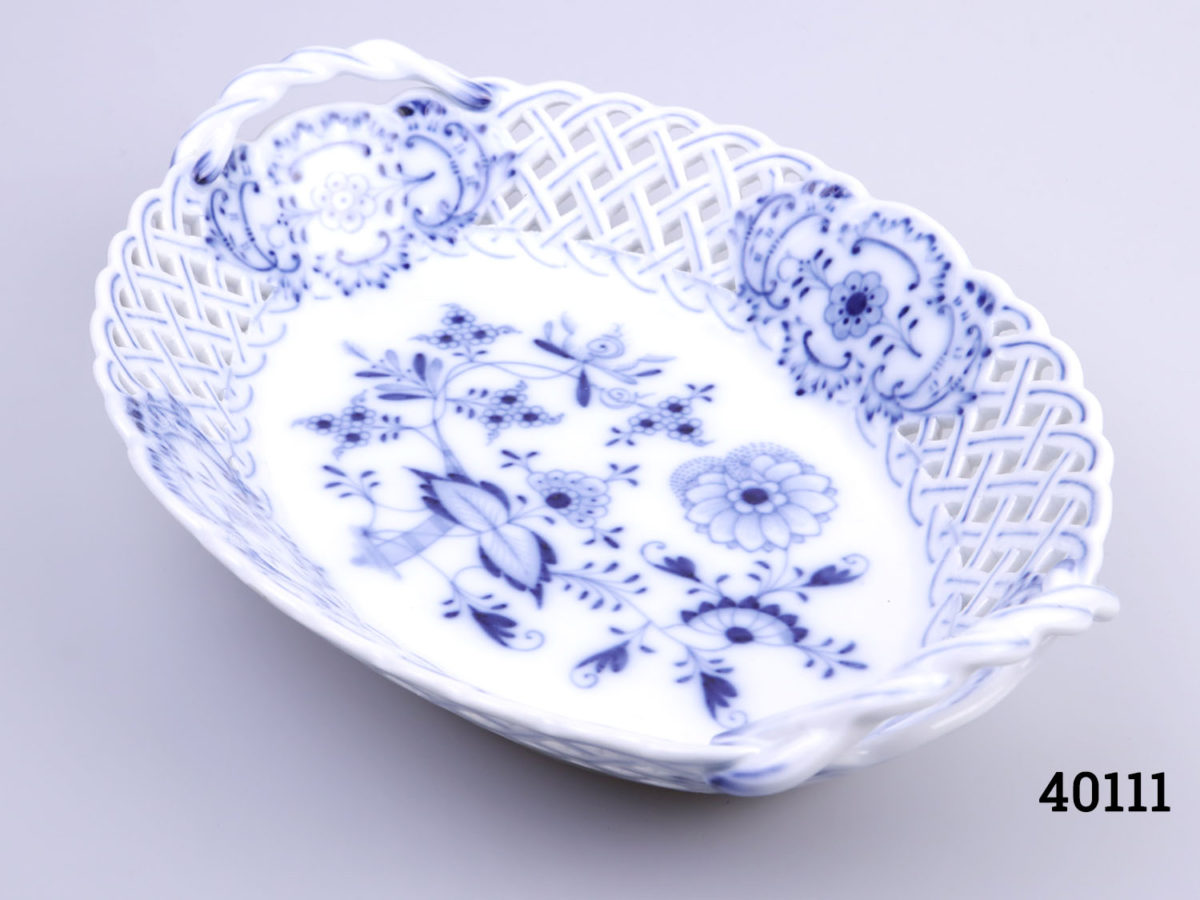 c20th Century blue & white Meissen basket dish by Carl Teichert c1882-1929 Measures 160mm long at base by 105mm wide Photo of dish on a flat surface shown from a raised and diagonal angle