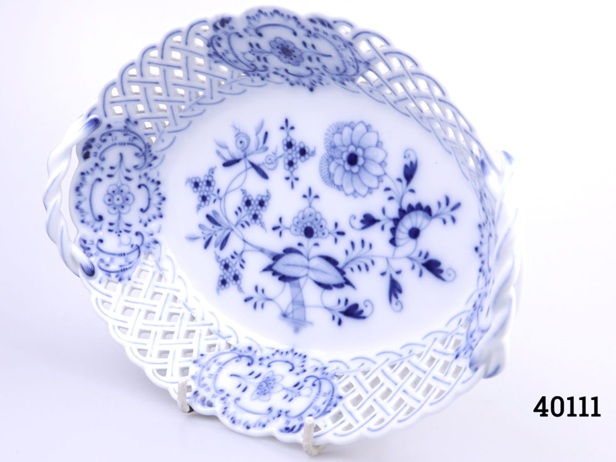 c20th Century blue & white Meissen basket dish by Carl Teichert c1882-1929 Measures 160mm long at base by 105mm wide Photo of dish on display stand and shown from a slight angle to the side