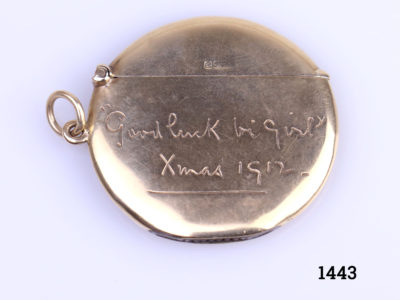 Rare early George V 9 karat gold circular vesta case. Hallmarked Birmingham 1912 9ct 375 by William Neale LTD. Inscribed 'Good luck bi-girl Xmas 1912' Measures 42mm in diameter
