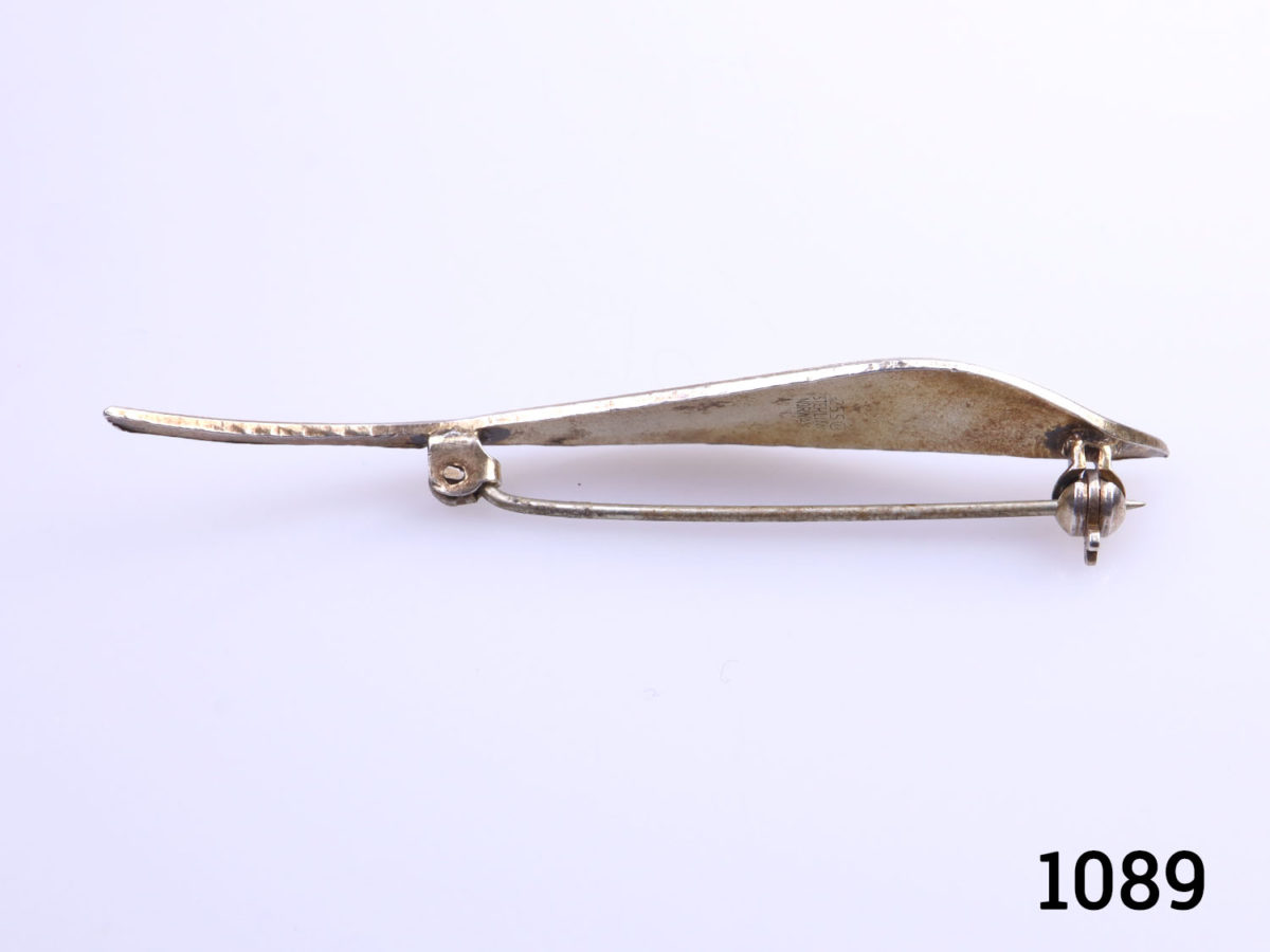 Vintage sterling silver leaf brooch with blue enamel. Made by Ivar T. Holth of Oslo, Norway. Fully hallmarked. Photo of side view of brooch showing depth