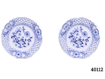Pair of blue and white pierced dishes by Saxe Each dish measures 130mm in diameter at base, 215mm in diameter at top and 30mm high. Photo of both dishes side by side and displayed upright