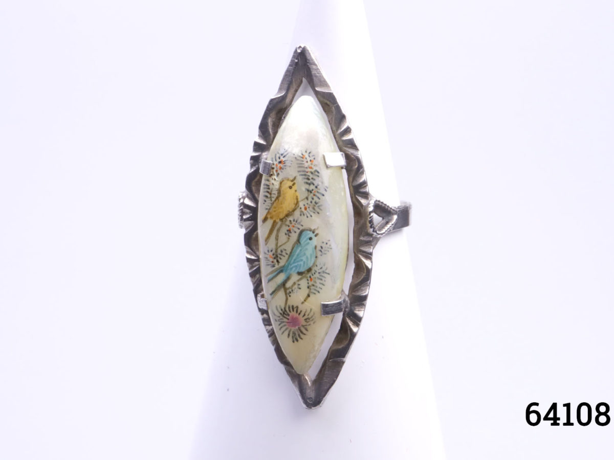 Vintage 1940s Persian 800 grade silver ring. Eye shaped mother of pearl hand-painted with 2 birds on a branch. Size M.5 / 6.5 Ring front measures 36mm long by 16mm at widest point. Another photo of ring front