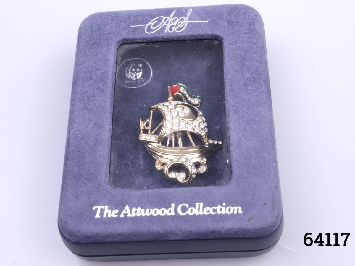 Vintage Attwood & Sawyer galleon ship brooch. Stamped A&S to the back Brooch measures 42mm long by 30mm at widest point and weighs 10grams