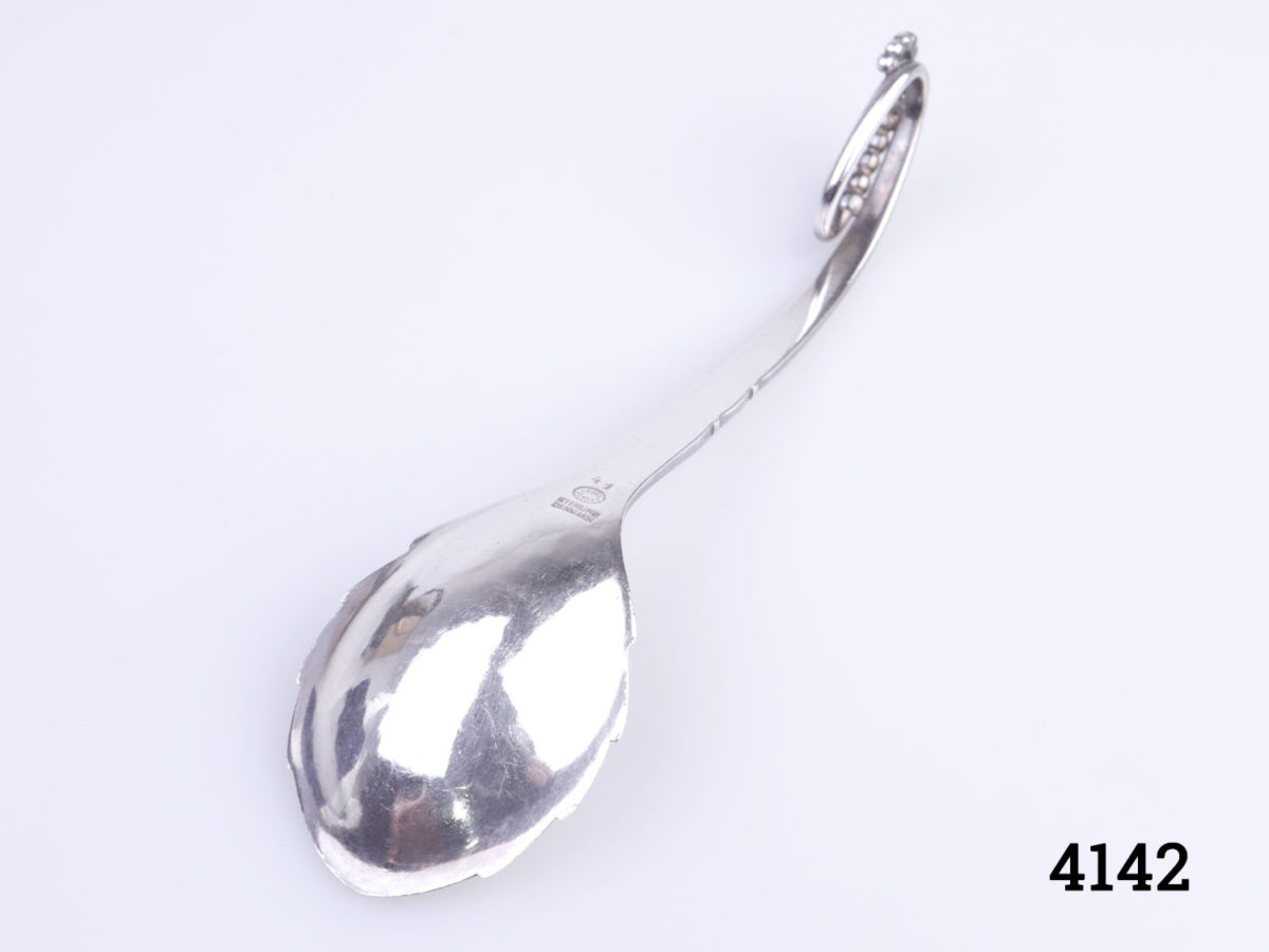 Vintage stylised sterling silver spoon by Georg Jensen c1930-45. Spoon bowl measures 38mm long by 35mm