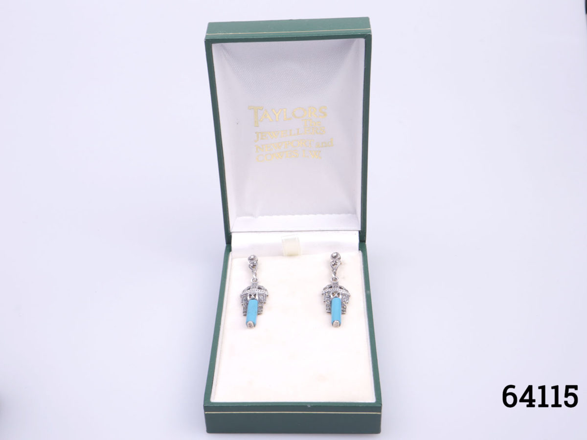 Vintage sterling silver earrings with turquoise and marcasite in an Art Deco style. Drop length of earrings 45mm. Earrings weight 5.7grams Photo of earrings in box