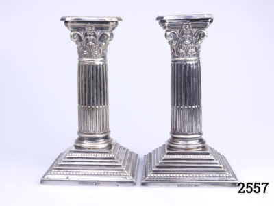 c1910-1920 Antique Walker & Hall silver plate candlesticks with removeable sconces. (Felt missing on the base of both candlesticks) Each measure 92mm by 90mm at base Main photo showing both candlesticks side by side