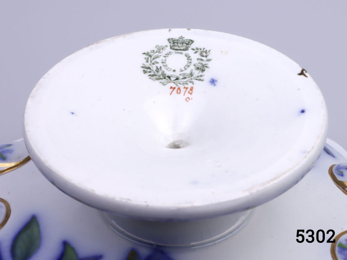 Antique Copeland & Garrett pedestal bowl with handles. Hand decorated with floral scene of blue, orange and gilt. Stamped with makers mark to the base. c1833-1847 Measures 95mm in diameter at base and 215mm across the top Photo of base of bowl showing makers mark
