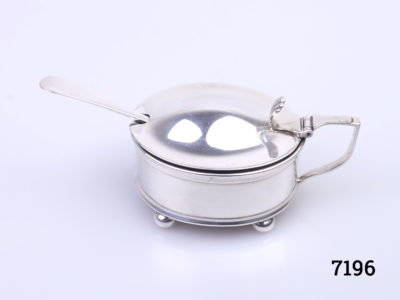 c1919 Birmingham assayed sterling silver mustard pot with Bristol blue glass liner. c1894 sterling silver spoon included. Spoon measures 82mm Main photo of pot with lid closed and liner and spoon in place