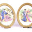 Pair of vintage oval gilt framed Oriental porcelain pictures. Hand-painted with scenes of courting couples in an Oriental setting. Felt peeling at back. Main photo showing both pictures sside by side displayed on stands