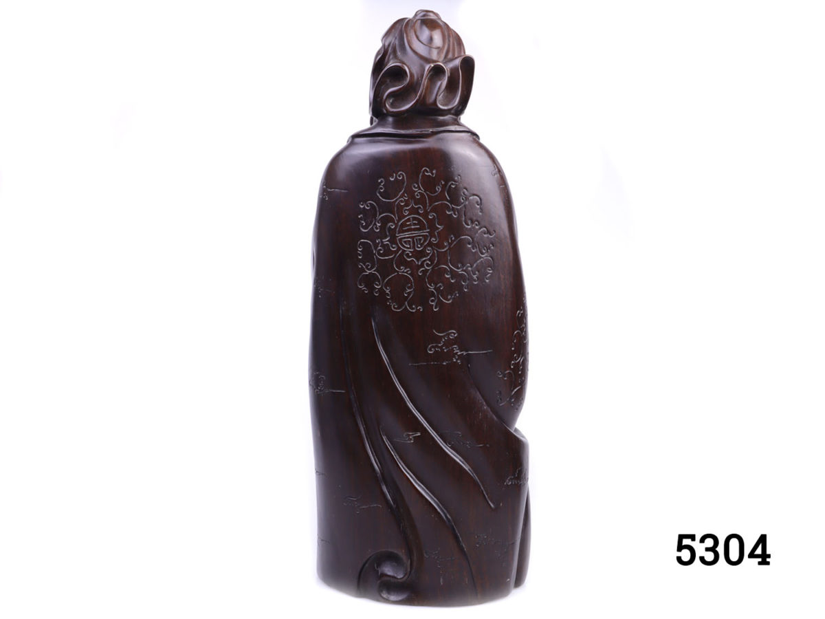 Vintage Oriental hardwood figure of happiness deity Lu. Intricately carved from one heavy block of hardwood. Base measures 140mm by 125mm. Photo of back of whole fiigure