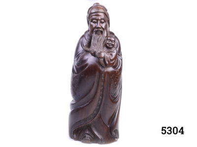 Vintage Oriental hardwood figure of happiness deity Lu. Intricately carved from one heavy block of hardwood. Base measures 140mm by 125mm. Main photo of whole figure shown from the front