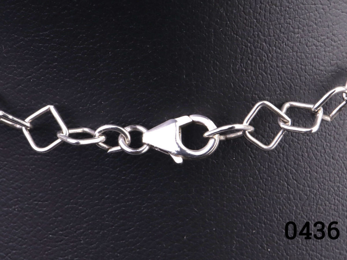 Vintage 925 sterling silver necklace with unusual square links. Late 70s/Early 80s Close up photo of the clasp