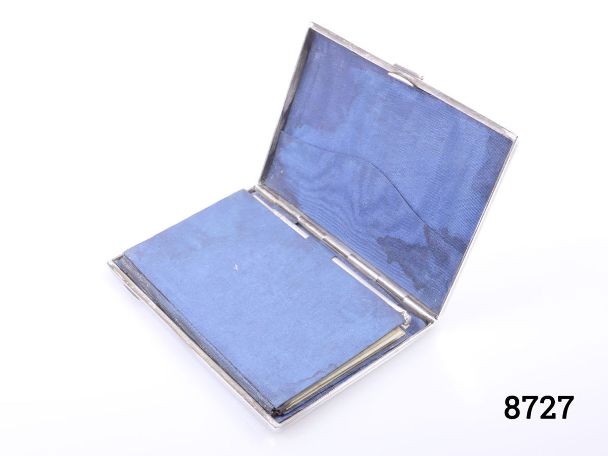 c1870 Birmingham assayed sterling silver notebook/diary case. Silk lined interior with partially written diary. Fully hallmarked to the exterior side. Made by Frederick Marson. (Some signs of wear) Photo of notebook open showing blue silk interior