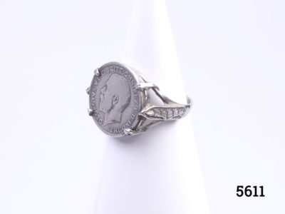 Antique George V old 3D silver coin set on silver band. Coin issued 1917. Size N / 6.5 Ring weight 3.5g Main photo of ring on display stand seen from a side angle showing depth