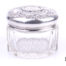 Sterling silver lidded glass pot. Vintage pot with heavily embossed silver lid Measures 85mm in diameter Main photo showing pot with lid in place from an eye level angle