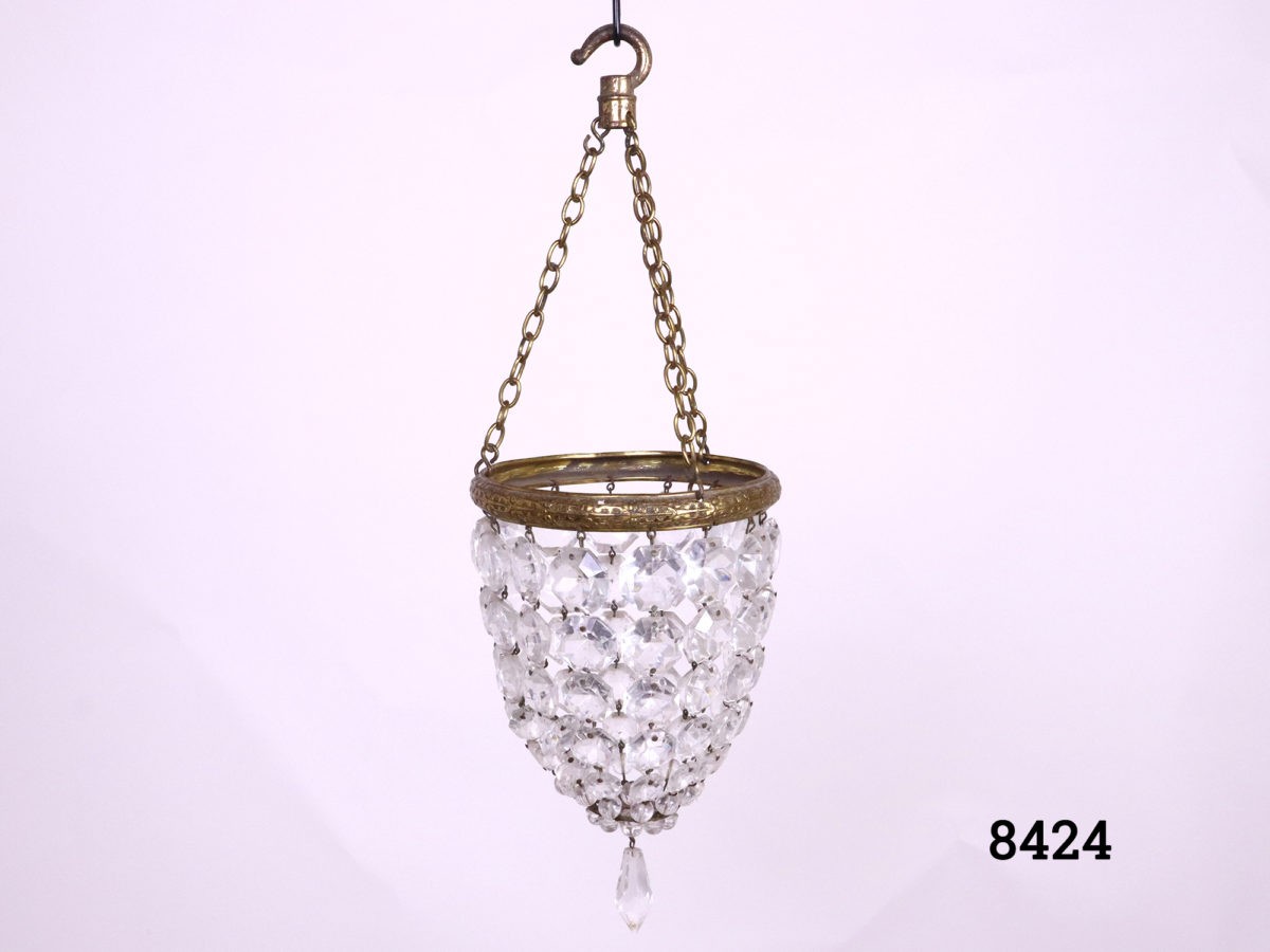 Vintage small chandelier light shade with brass trim and cut crystal glass droplets Drop length from top of hook to base of chandelier 250mm Another photo of fully extended chandelier seen hanging