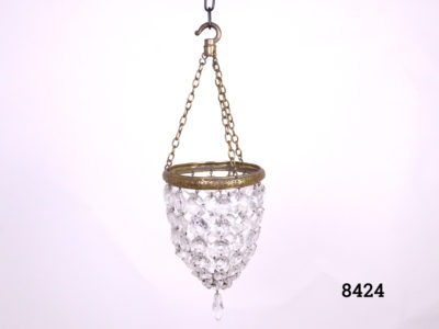 Vintage small chandelier light shade with brass trim and cut crystal glass droplets Drop length from top of hook to base of chandelier 250mm Main photo of chandelier seen hanging and fully extended