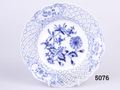 Meissen blue and white small dish with lattice work edge. Hand-painted dish with abstract floral design to the centre. Measures 150mm in diameter Main photo showing plate displayed on a stand and seen from the front straight on