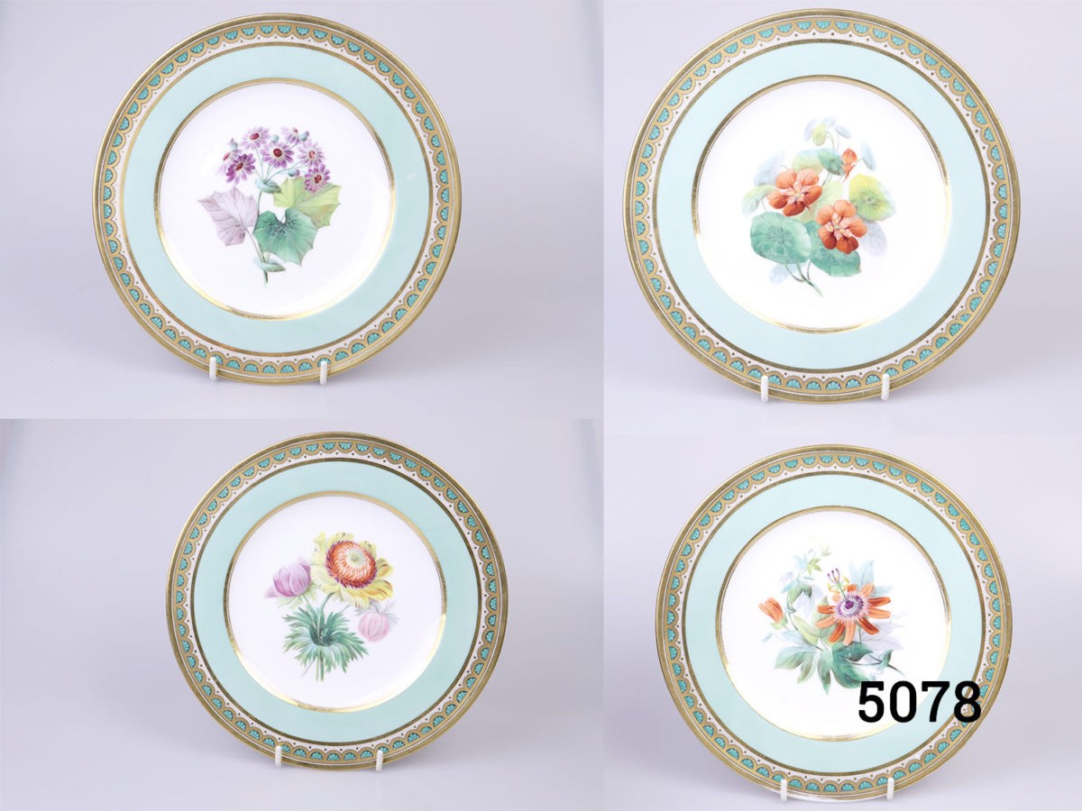 Set of 4 high quality Royal Worcester porcelain plates. Each plate with a different hand-painted flower and all have same gilt edging. (Some gilt wear on the outer rim of the passion flower plate) Each plate measures 230mm in diameter.  Main photo showing all 4 plates