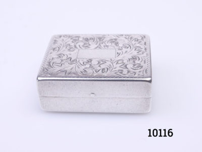 Vintage 950 grade silver pill/ snuff box. Hallmarked sterling 950 inside. Scrollwork to the lid with a vacant cartouche for personalisation. Main photo of box seen from the opening front side and from a slight raised angle looking down at scrollworl top
