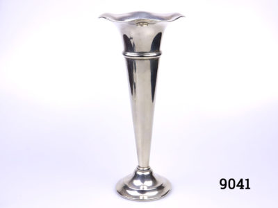 Vintage silver plated trumpet vase. Hallmarked EPNS to the side just under the top ridge. Measures 76mm in diameter at base and 107mm across the top. Main photo of vase from an eye level angle