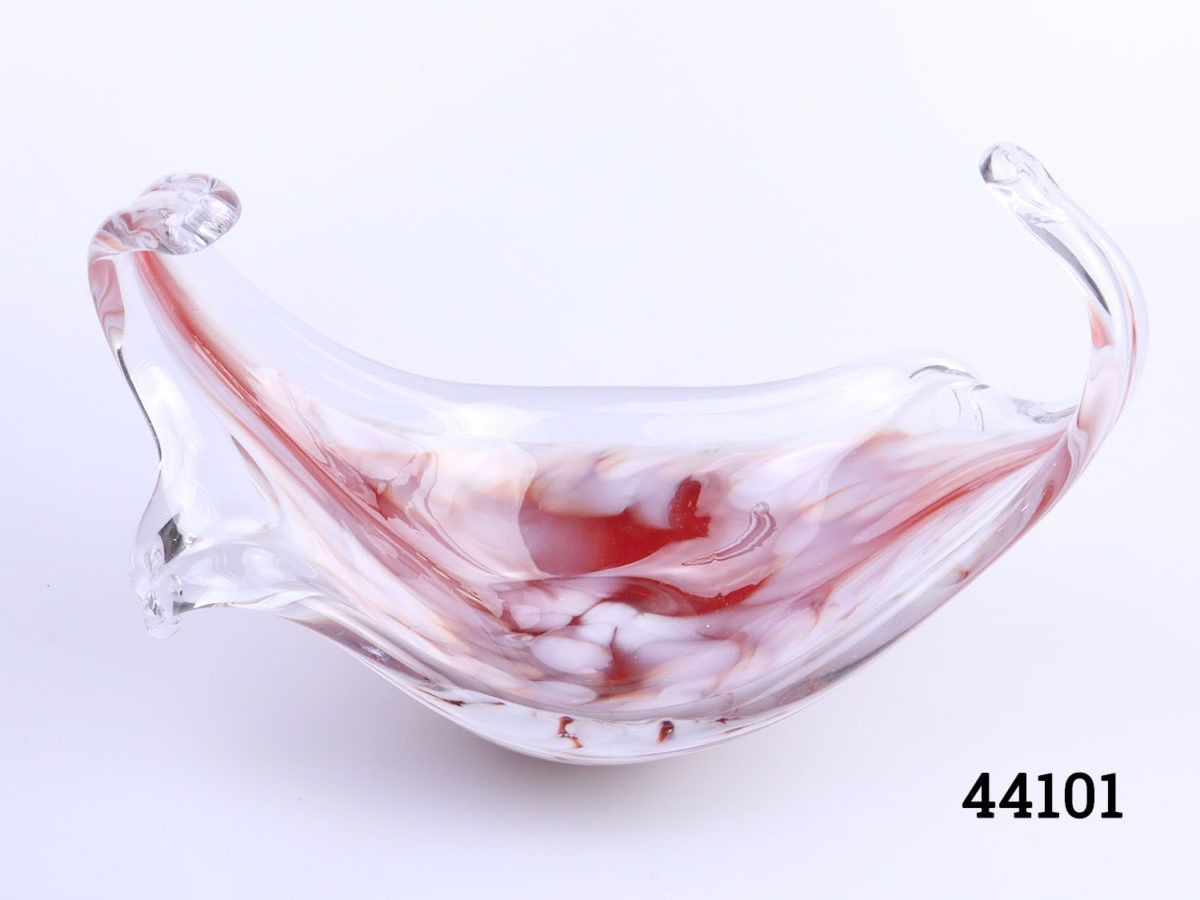 Vintage 1960s Art glass splash dish. Heavy statement piece entitled 'Strawberry Moon' Height at raised ends approximately 180mm Photo of dish shown sideways and seen from a slight raised angle peering into the inside