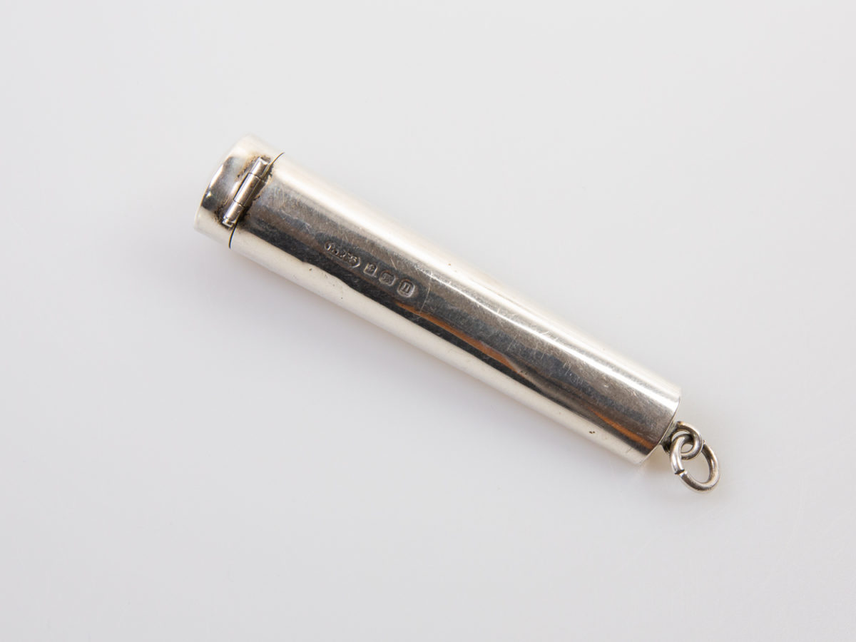 Antique sterling silver cheroot case. c1912 Birmingham assayed cheroot case made by Henry Perkins & Sons. Engraved "From Peter Oct.15th 1913" Measures 15mm in diameter at the opening. Photo of cheroot laid diagonally showing hinge side